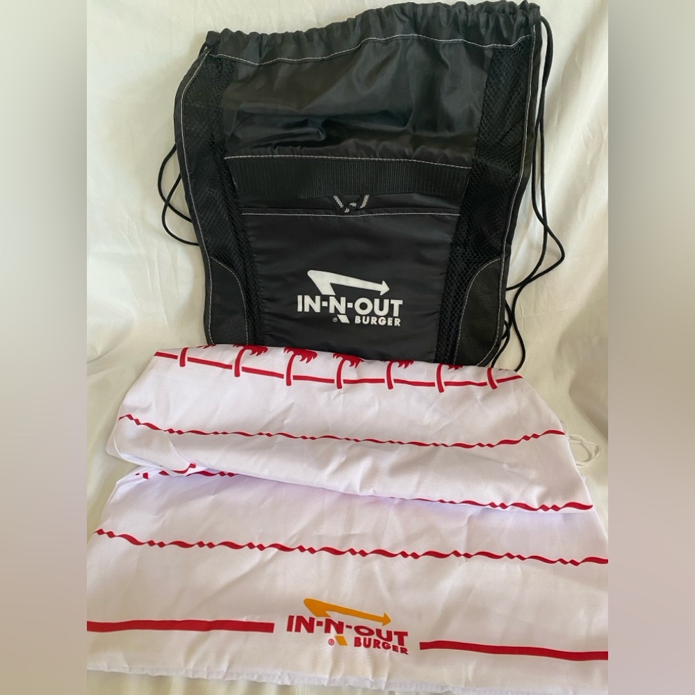 In-N-Out Burger White Drawstring Bag and Black Nylon Back pack bundle